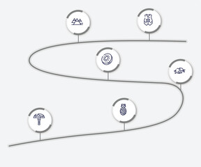 infographic element with nature outline icons. included waistcoat, mountains, kiwi, elephants, amanita, pine vector.