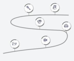 infographic element with insects outline icons. included chick, pet brush, cat bath, pet carrier, rhinoceros, gadfly vector.