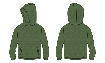 Long sleeve hoodie fashion flat sketch vector illustration template for Baby boys. Cotton fleece fabric Winter sweater jumper Green color mock up cad. © ClothingArtStudio 