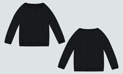 Long sleeve Sweatshirt fashion flat sketch vector illustration template for ladies. Cotton fleece fabric Winter sweater jumper black color mock up cad.