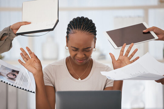 Black woman, stress and overworked with workload, burnout and anxious at desk with headache. Female worker, assistant and under pressure being upset, with due dates and anxiety for overtime and tired