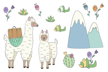 set of isolated cute llama, mountain and other elements - vector illustration, eps © Rina Sary