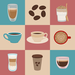 Set of different coffee drinks in ceramic and glass dishes. Espresso, latte, americano, dalgona coffee. Hand drawn vector illustration isolated on colored background. Modern flat cartoon style.