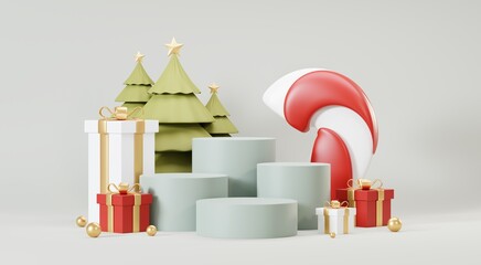 3d Render Merry Christmas Podium platforms scene decorate with christmas tree, gifts, ball and snowflakes in winter season theme. Abstract minimal pedestal product display Festivel Xmas.