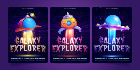Galaxy explorer posters with futuristic rockets and spaceships flying in outer space with stars. Planetarium, astronomy education banners with shuttles, vector cartoon illustration © klyaksun