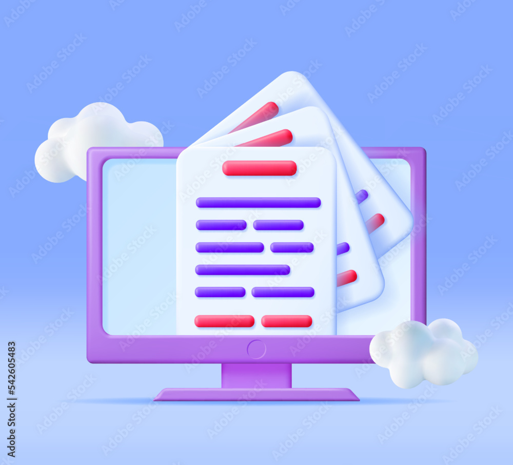 Poster 3d computer with pile of paper documents isolated. 3d render monitor, sheets icon. create, edit docu