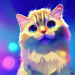 Cute abstract Cat with colorful bokeh background, illustration portrait, 2D character