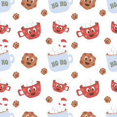 Christmas seamless vector pattern on white background Christmas hot drink and gingerbread Christmas. Stylish retro pattern, suitable for wrapping paper, gifts, scrapbooking, web design.