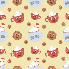 Christmas seamless vector pattern on yellow background Christmas hot drink and gingerbread Christmas. Stylish retro pattern, suitable for wrapping paper, gifts, scrapbooking, web design.