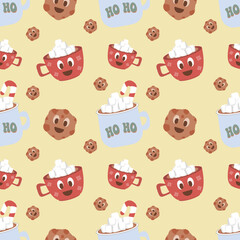 Christmas seamless vector pattern on yellow background Christmas hot drink and gingerbread Christmas. Stylish retro pattern, suitable for wrapping paper, gifts, scrapbooking, web design.