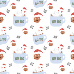 Christmas seamless vector pattern on white background Christmas hot drink and gingerbread Christmas. Stylish retro pattern, suitable for wrapping paper, gifts, scrapbooking, web design.