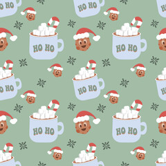 Christmas seamless vector pattern on a green background Christmas tree and gingerbread Christmas. Stylish retro pattern, suitable for wrapping paper, gifts, scrapbooking, web design.