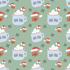 Christmas seamless vector pattern on a green background Christmas tree and gingerbread Christmas. Stylish retro pattern, suitable for wrapping paper, gifts, scrapbooking, web design.