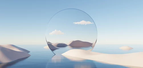 Poster Abstract Dune cliff sand with metallic Arches and clean blue sky. Surreal minimal Desert natural landscape background. Scene of Desert with glossy metallic arches geometric design. 3D Render. © TANATPON
