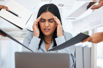 Stress, overworked and multitask with a business woman feeling overwhelmed by the hands of her team...