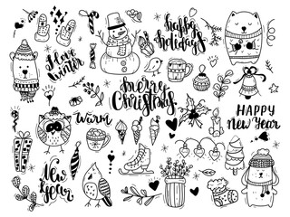 A set of doodles on the theme of the winter season - snowflakes, icicles, classic decorations, knitwear, winter sports, cute animals. Vector freehand drawings isolated on white background.