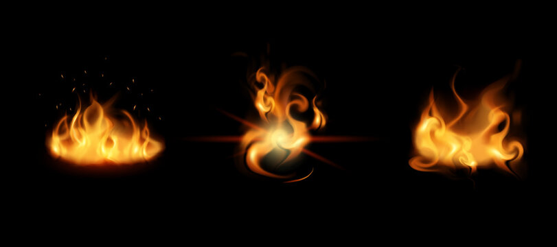 Fire shapes in realistic style bright flames on black background