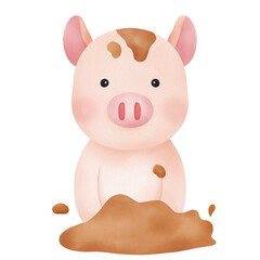 Little Pig watercolor handdrawn.