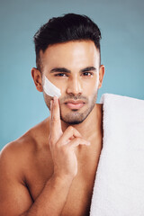 Man, beauty and skincare cream on face with product for facial cosmetic healthcare, self care and...