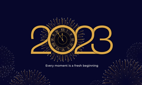 2023 Happy New Year Poster Background. Golden Clock Ring with Elegant Classy Typography Line Vector Illustration for Greeting Card, Banner, Backdrop Template Design