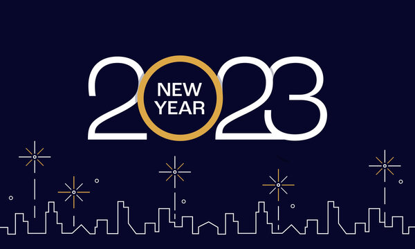 2023 Happy New Year Poster Background. Simple Typography with Urban Midnight City Building Line Vector Illustration for Greeting Card, Banner, Backdrop Template Design