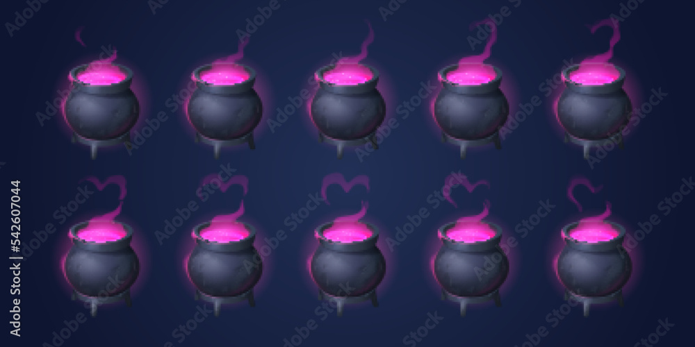 Poster cauldron with love potion motion sequence animation. pink heart cloud of magic elixir appear from wi