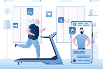 Elderly man run on treadmill. Indoor fitness, home gym. Technology of online fitness, mobile app with instructor on screen. Strong grandfather goes in for sports at home, room interior.