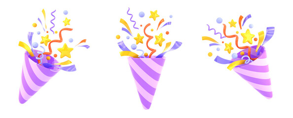 Striped firecracker with flying confetti front and angle view. Cartoon 3d render set of party popper with purple ribbon, spirals and golden stars, isolated cracker birthday surprise - obrazy, fototapety, plakaty