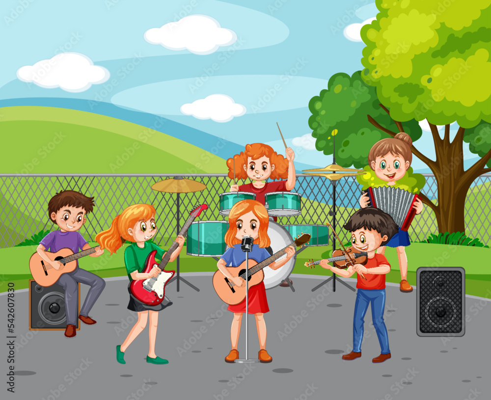 Wall mural children playing musical instrument at park