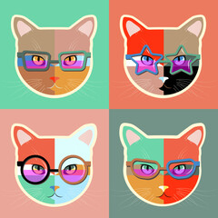 Vector cats in glasses set. Set of animal portraits with flat design. collection of cats. vector illustration.