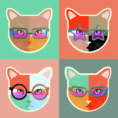 Fototapeta premium Vector cats in glasses set. Set of animal portraits with flat design. collection of cats. vector illustration.