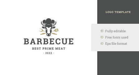 Barbeque bistro shop art vintage logo template design cow bull head in chef hat vector