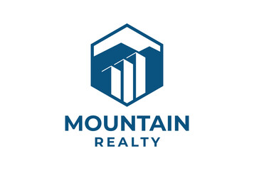 Geometric Hexagonal Mountain with Building for Real Estate Apartment Property Logo Design