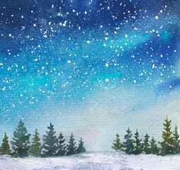 Watercolor hand drawn illustration of winter landscape with snow, spruce trees, blue evening sky