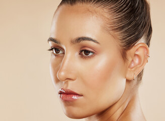 Obraz premium Beauty, cosmetics and portrait of woman with serious face, luxury makeup and care for smooth, clean and fresh skin. Health, wellness and skincare, beautiful girl from Brazil thinking with shiny lips.
