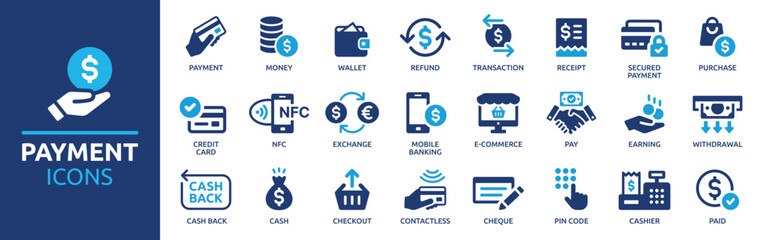 Payment icon set. Business and finance payment collection with money, banking, credit card, exchange, cash and transaction symbol. - obrazy, fototapety, plakaty