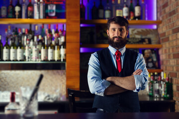 Positive barkeeper standing at counter