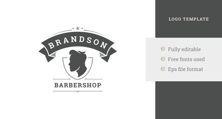 Brutal male head silhouette hairstyle beauty salon logo design template heraldic shield vector