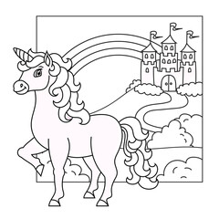 Cute unicorn. Magic fairy horse. Landscape with a beautiful castle. Coloring book page for kids. Cartoon style. Vector illustration isolated on white background.