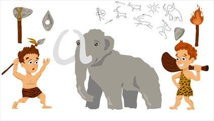 Prehistoric stone age set, primitive people, stone age weapons and tools vector illustration. stone age people. cartoon character
Ancient people hunted the mammoth. Cave drawings.