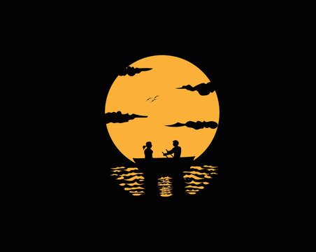 Vector Silhouettes Of 2 People, A Man And A Woman In A Rowing Boat At Dusk