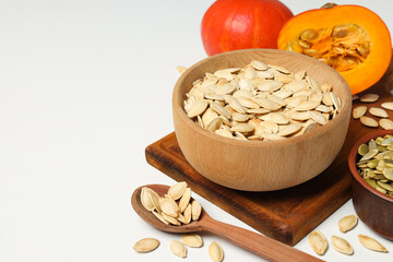 Concept of Autumn vibe food, Pumpkin, Pumpkin seeds, space for text