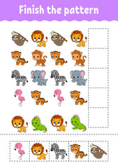 Fototapeta premium Finish the pattern. Cut and play. Education developing worksheet. Activity page. cartoon character. Vector illustration.