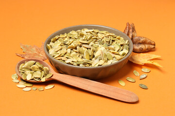 Concept of Autumn vibe food, Pumpkin, Pumpkin seeds