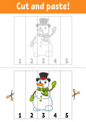 Learning numbers 1-5. Cut and glue. cartoon character. Education developing worksheet. Game for kids. Activity page. Vector illustration.
