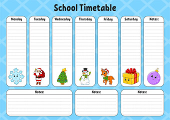 School schedule. Timetable for schoolboys. Empty template. Weekly planer with notes. cartoon character. Vector illustration.