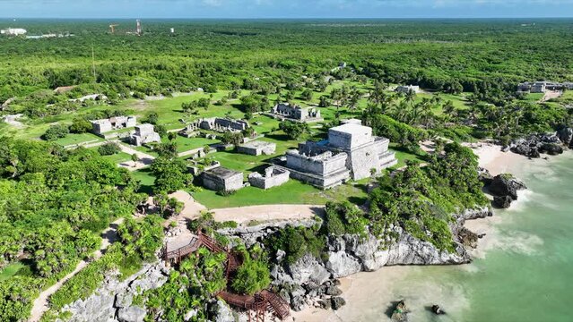 Aerial view of Mayan ruins and Tulum coast in Mexico.