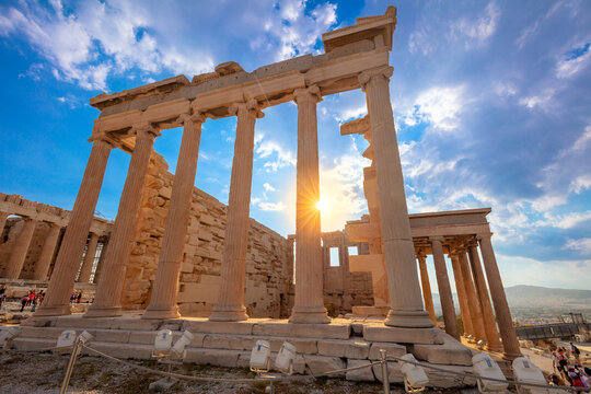 Parthenon temple on a sunset. Ancient greek history.  Parthenon on the hill of the Acropolis, Athens, Greece, Europe