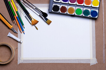White drawing paper watercolor cartridges multi-sized brushes color pencils paper Masking tape color tube