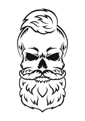 Human skull with beard and mustache. Black silhouette. Design element. Hand drawn sketch. Vintage style. Vector illustration.